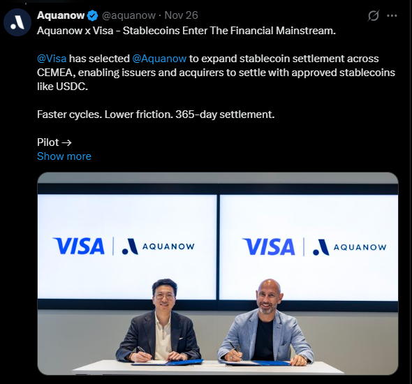 Aquanow post on X announcing partnership with Visa