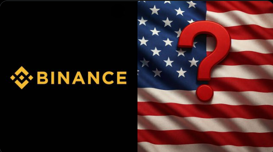 Binance logo and US flag with a question mark on it
