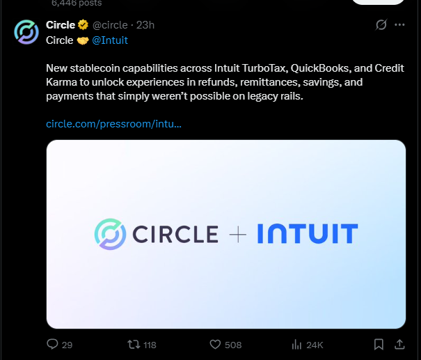 Circle tweet on X announcing the partnership with Intuit