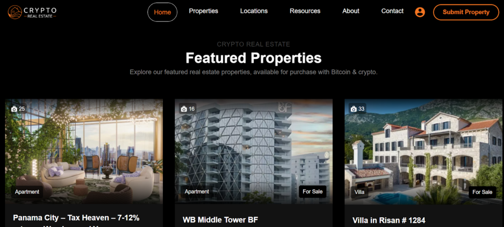 Homepage of the Crypto Real Estate website