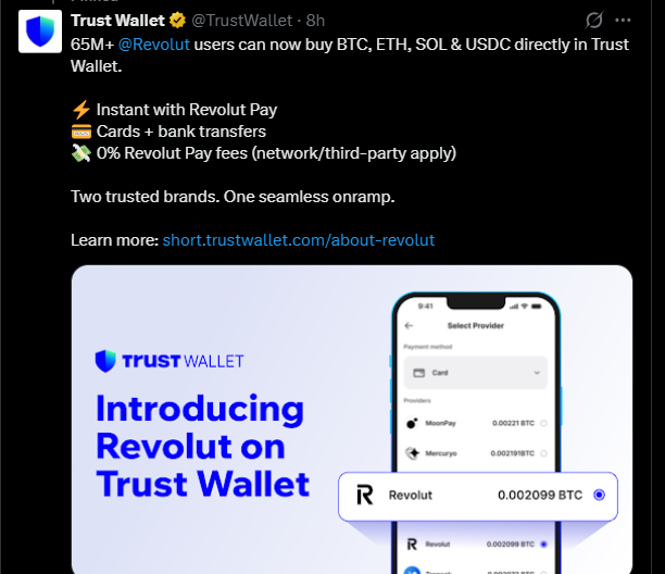 Trust wallet tweet on X announcing partnership with Revolut