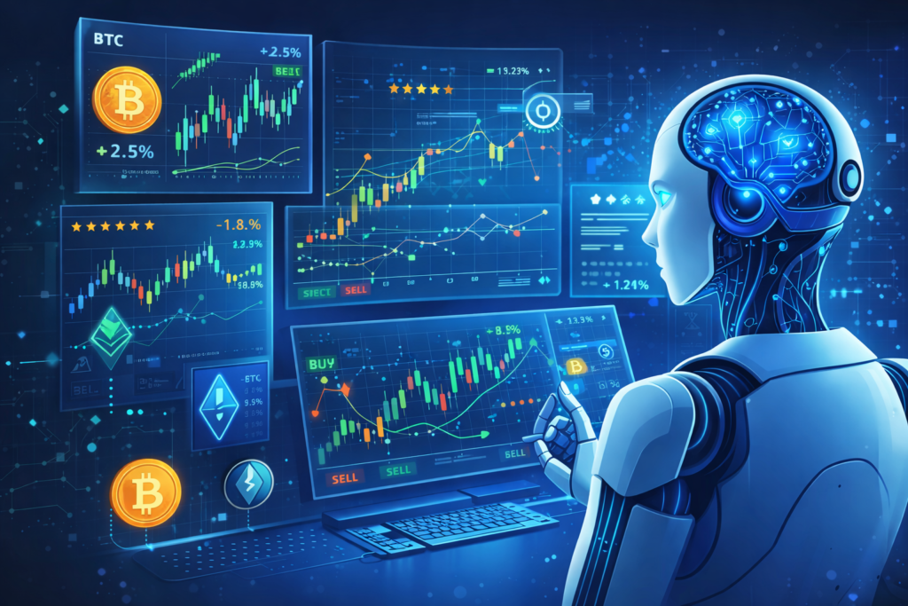 image showing AI analysing crypto charts, price data, and signals to support trading decisions.