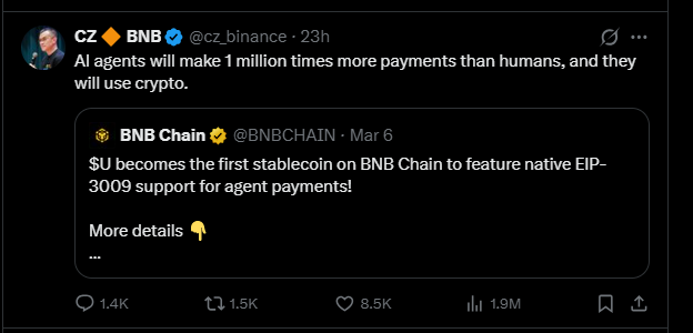 CZ tweet on X about AI agents