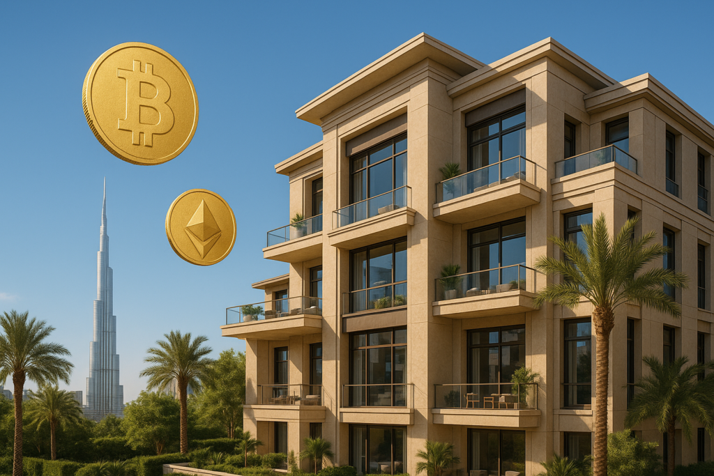 Illustration showing cryptocurrency being used to buy luxury real estate in Dubai.