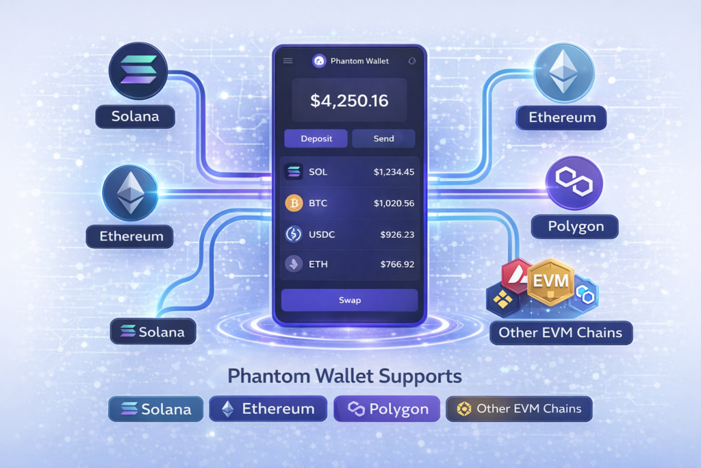  Visual showing Phantom Wallet supporting Solana, Ethereum, Polygon, and other EVM-compatible chains.