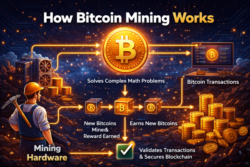 Image showing the steps on how Bitcoin mining works
