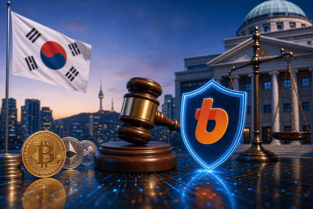 Crypto coins, Bithumb logo, South Korean flag, and a courthouse.