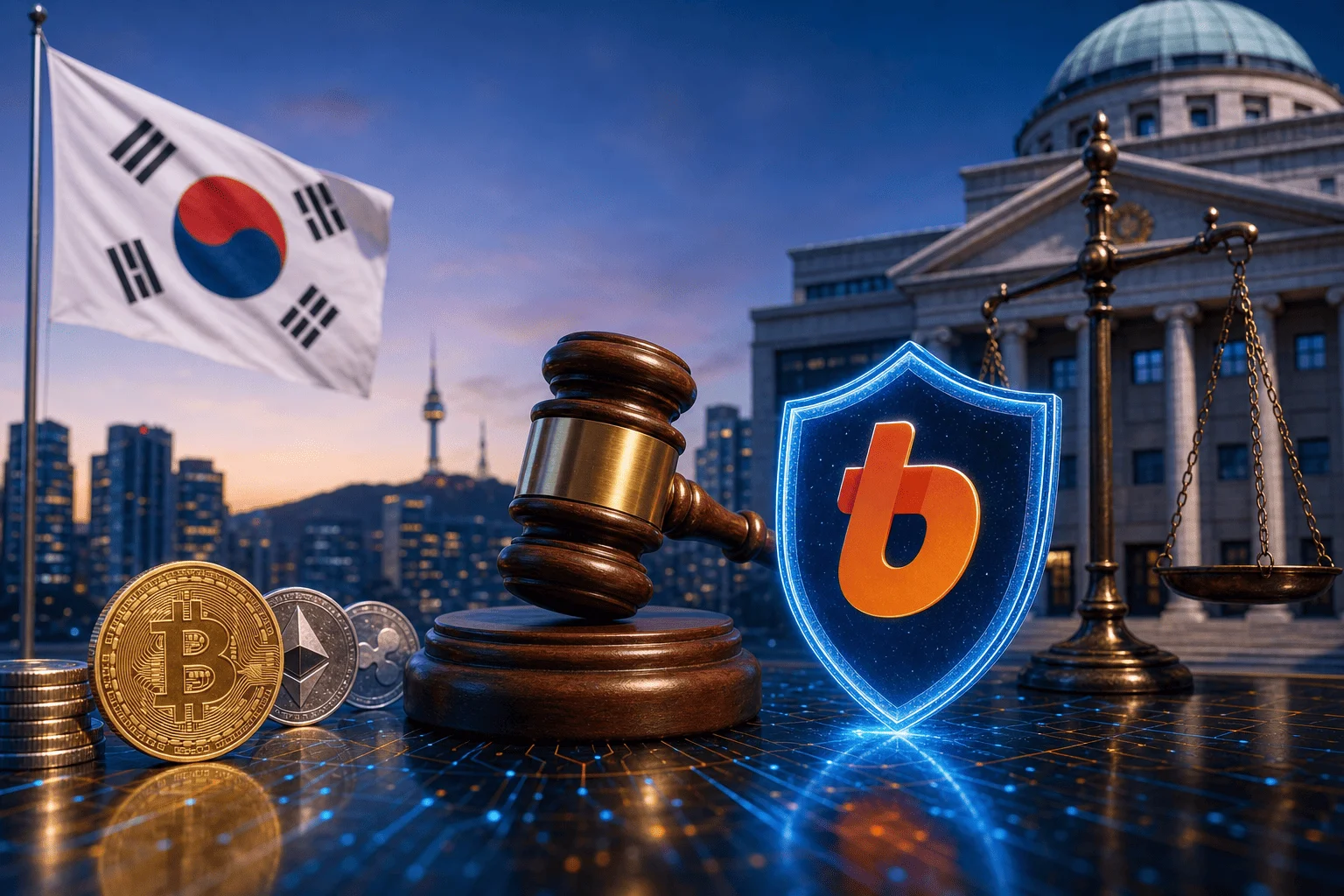 Crypto coins, Bithumb logo, South Korean flag, and a courthouse.