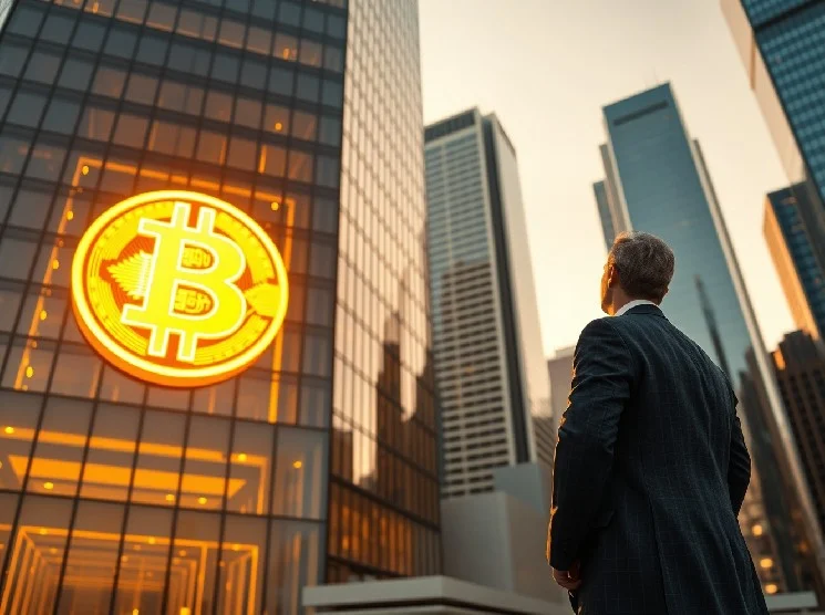 A man looking at a large illuminated Bitcoin symbol displayed on a skyscraper in a modern financial district. 