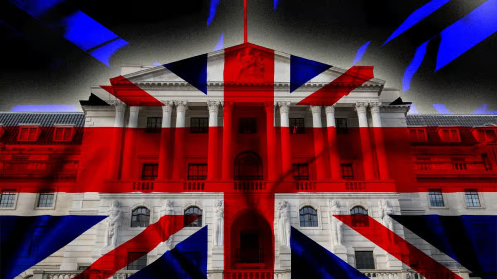 Illustration of the Bank of England building overlaid with the United Kingdom flag, symbolizing UK financial policy and regulation