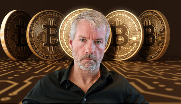 Michael Saylor with bitcoin at the at the background