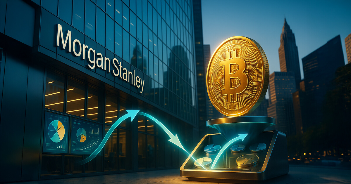 Morgan Stanley office building alongside a glowing Bitcoin symbol