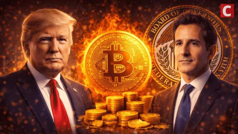 Donald Trump and Kevin Warsh with Bitcoins at the center.