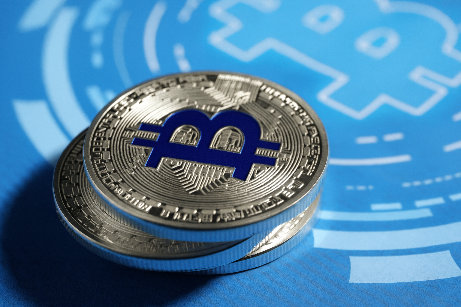 Three silver bitcoins stacked on each other.
